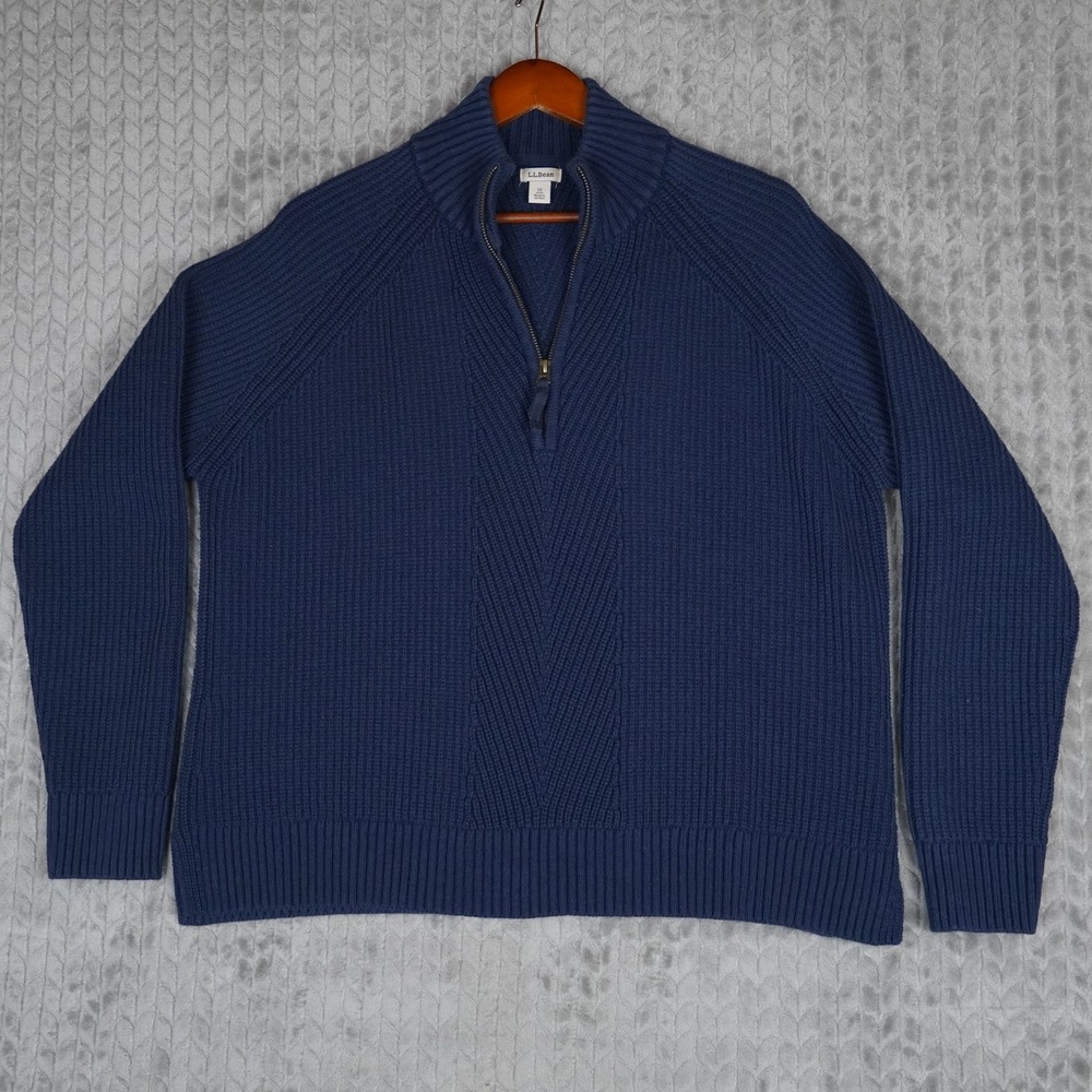 L.L.Bean Quarter Zip Sweater Mens 1X Blue Shaker Knit Chevron Cotton Blend